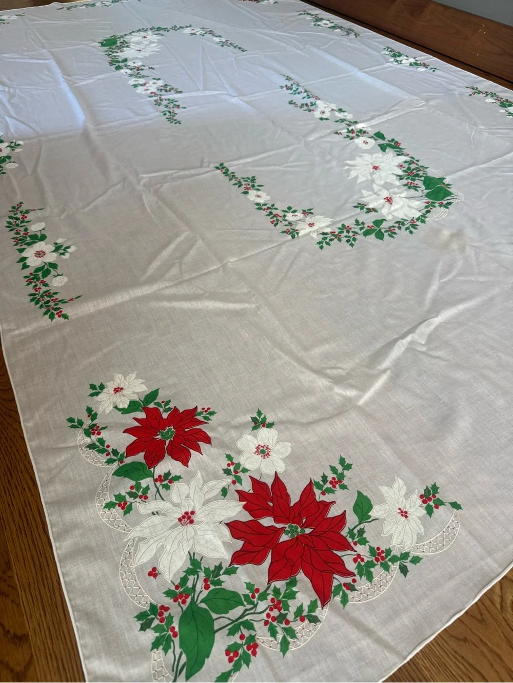 Vintage Poinsettia Holiday Tablecloth - Red, White & Green